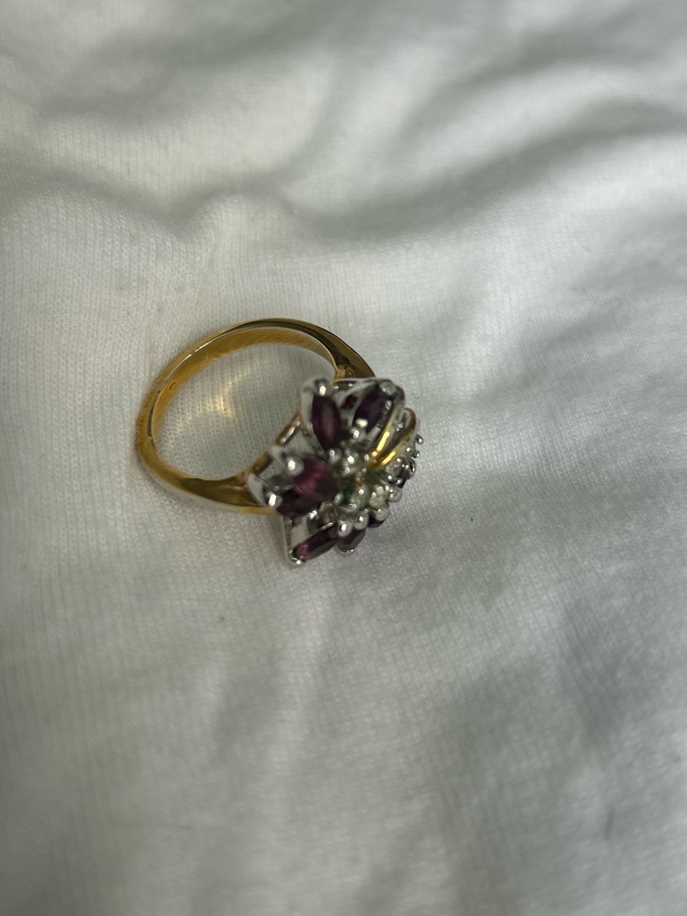 Gold-Tone Floral Cluster Ring with Purple Gem Accents